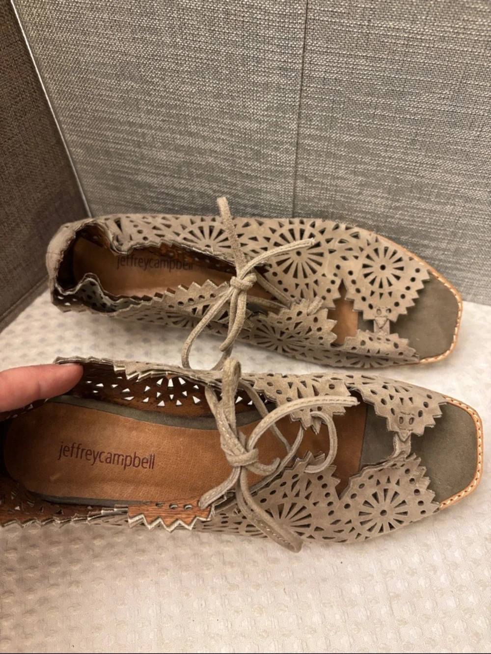 Jeffrey Campbell Espejo 9 Taupe Tan Suede Leather Laser-Cut Lace-Up Wedge Sandal